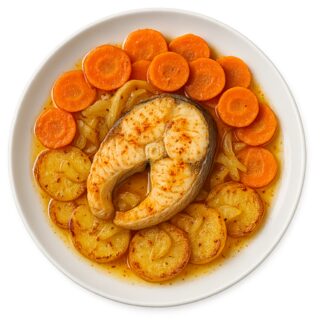 Merluza horneada a la gallega con zanahoria